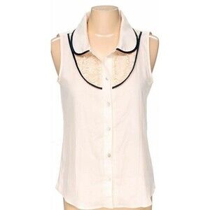 B Jewel Womens Top Blouse M Beige Button Up Preppy Peasant Twee Boho Lace Trim